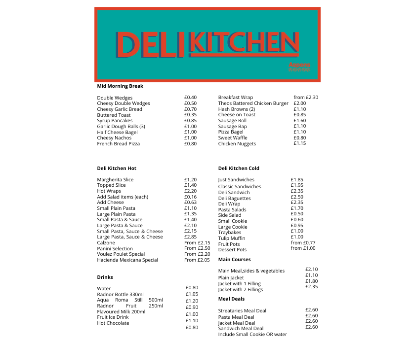 menu with choice and prices