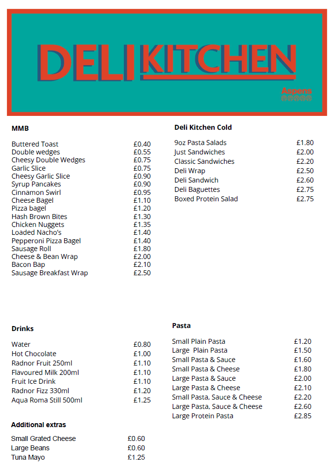 menu with choice and prices