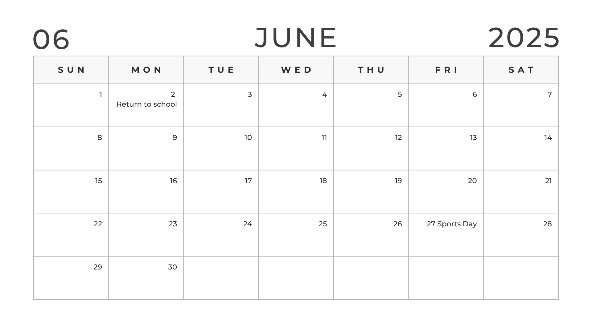 school calendar for June